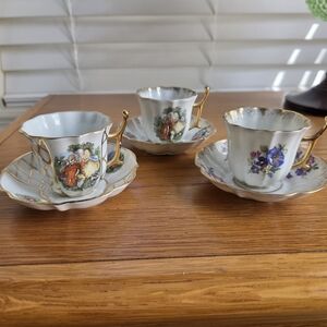 Limoges Castel Porcelain Rococo Demitasse Cup & Saucer - Set of 3